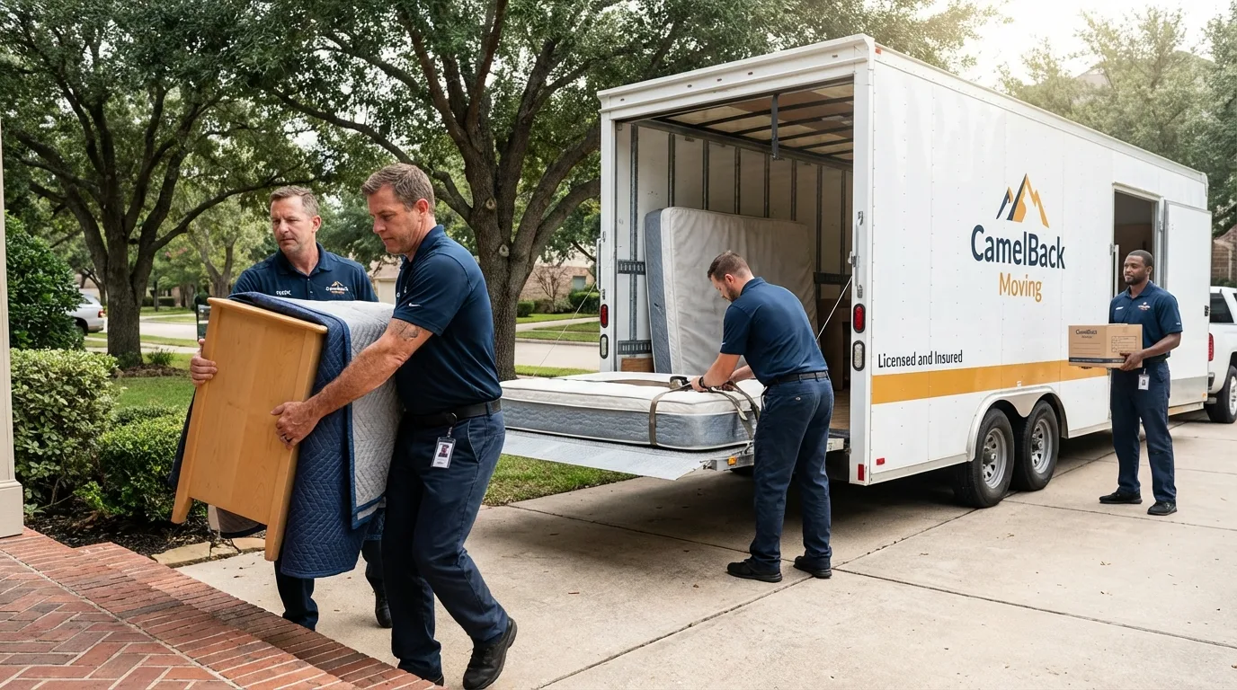 Crew loading residential truck for cross-state move from Freer, TX