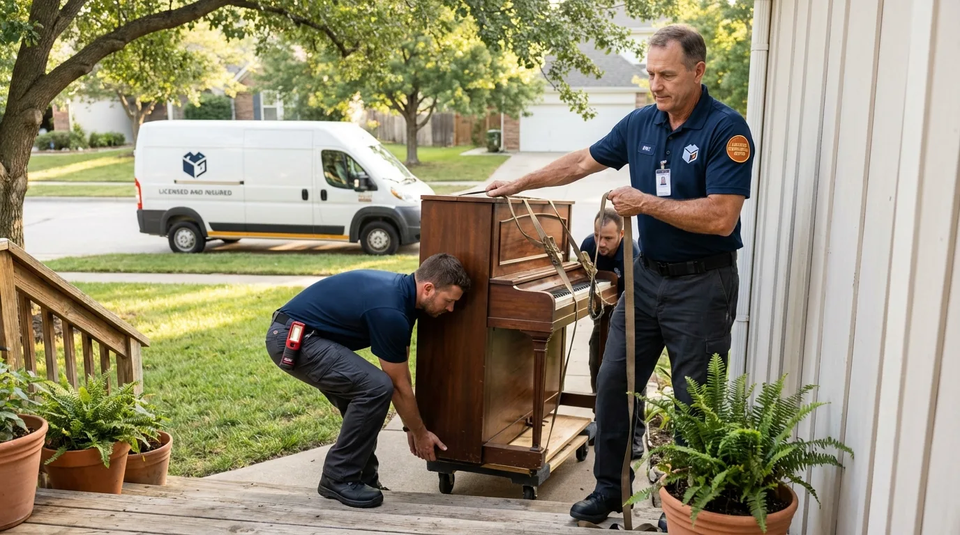Licensed piano movers securing grand piano in Freer, TX