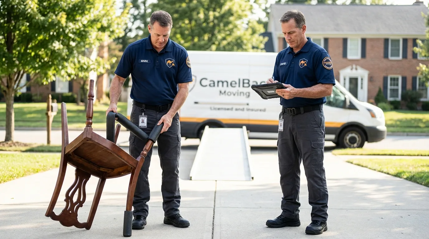 Movers inspecting furniture for damage prevention before loading in Freer, TX
