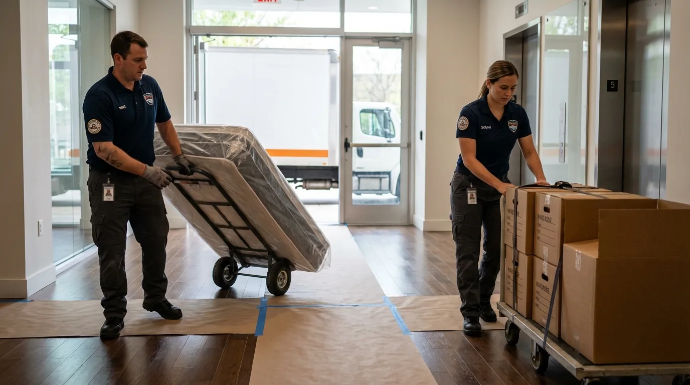 Professional apartment movers loading elevator in Freer, TX